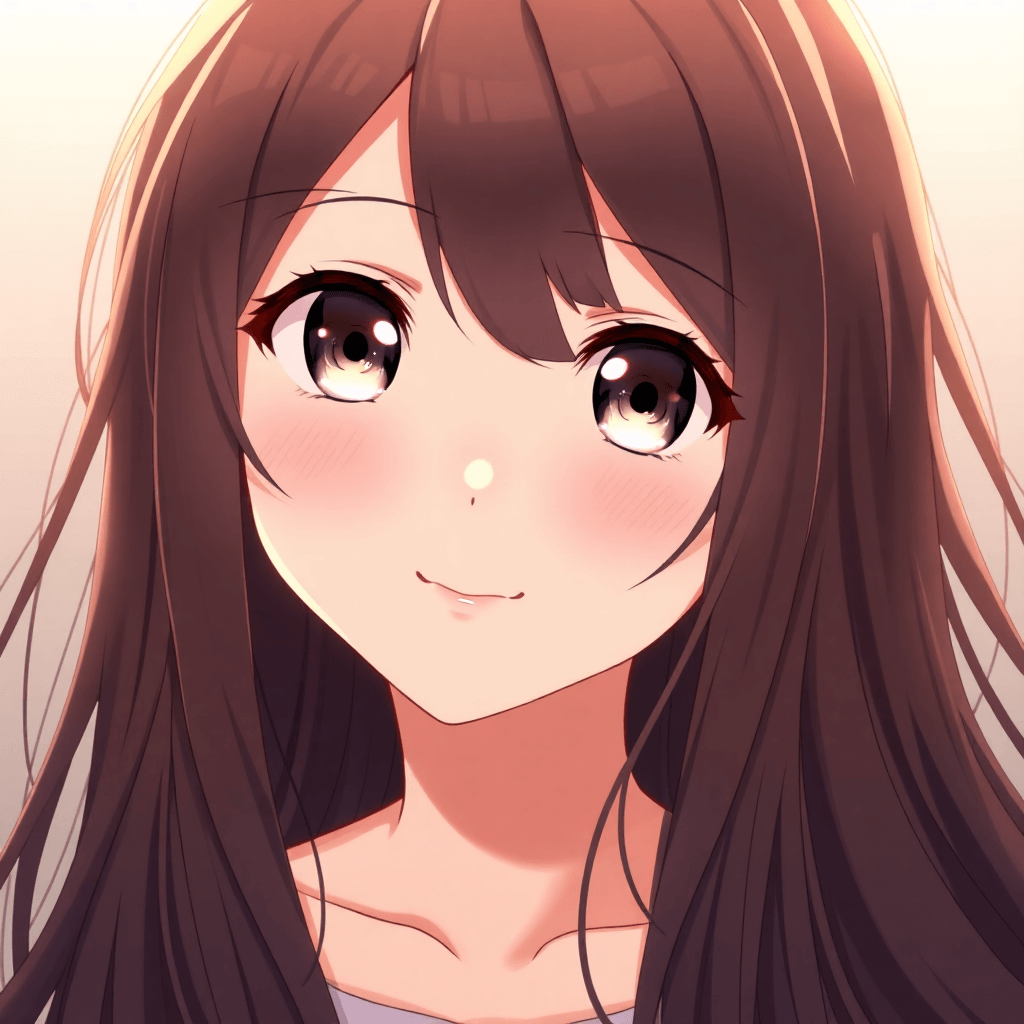 beautiful anime girl with long brown hair, warm smile, gentle eyes, soft lighting, portrait