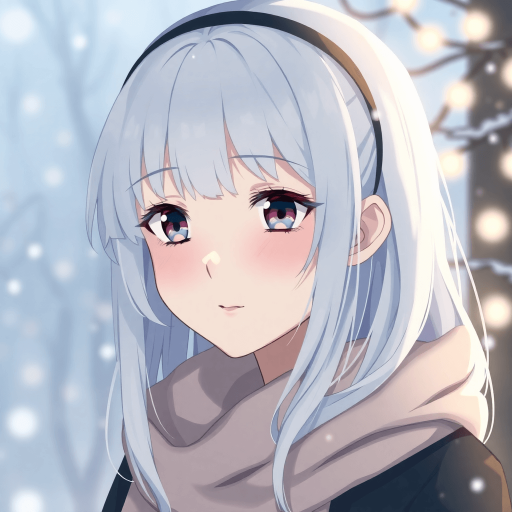 gentle anime girl with white hair, calm expression, serene, winter theme, portrait