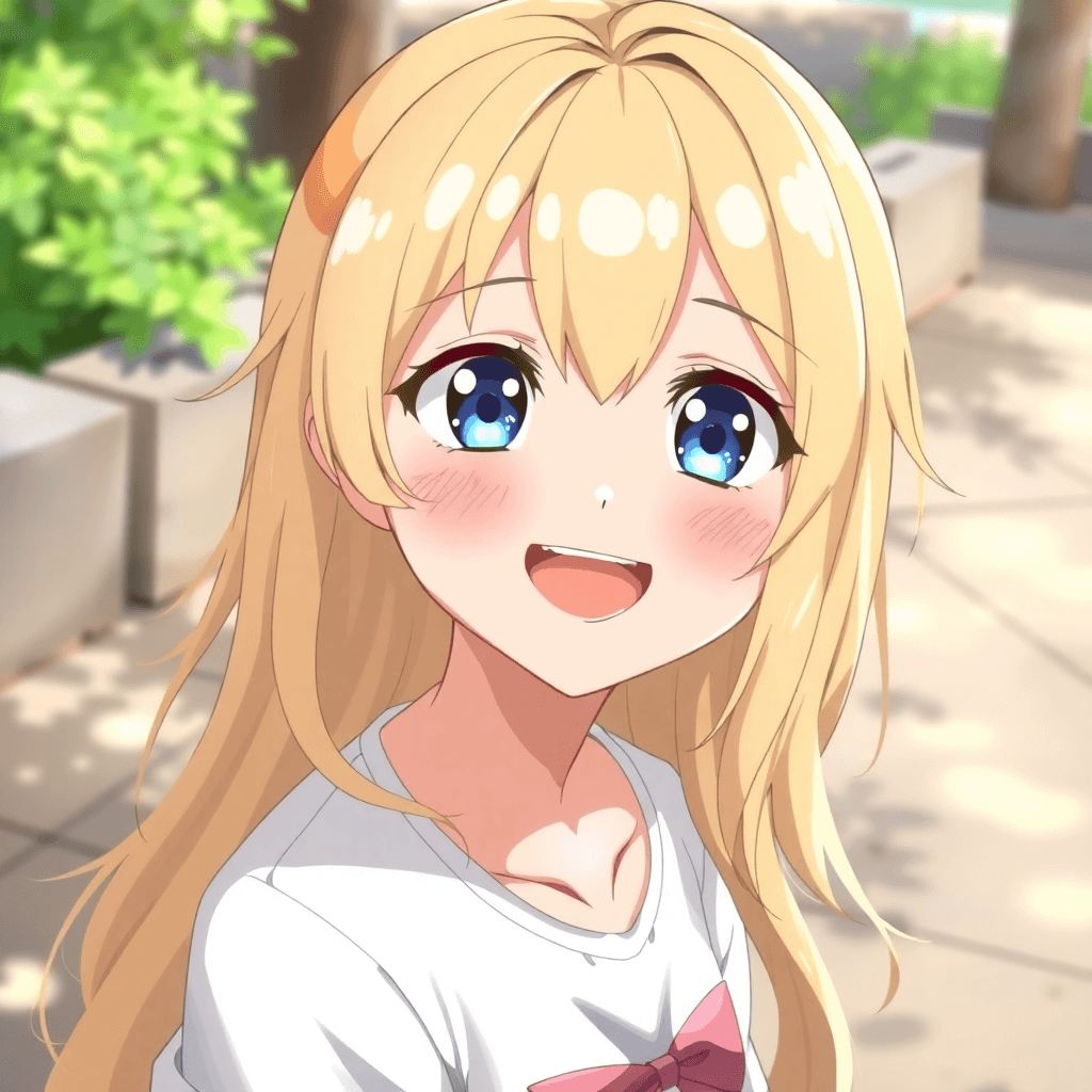cute anime girl with blonde hair, playful smile, blue eyes, outdoor setting, portrait