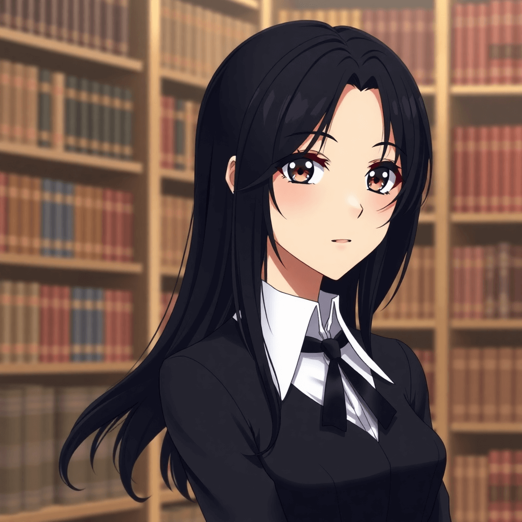 elegant anime girl with black hair, sophisticated, intelligent eyes, library background, portrait